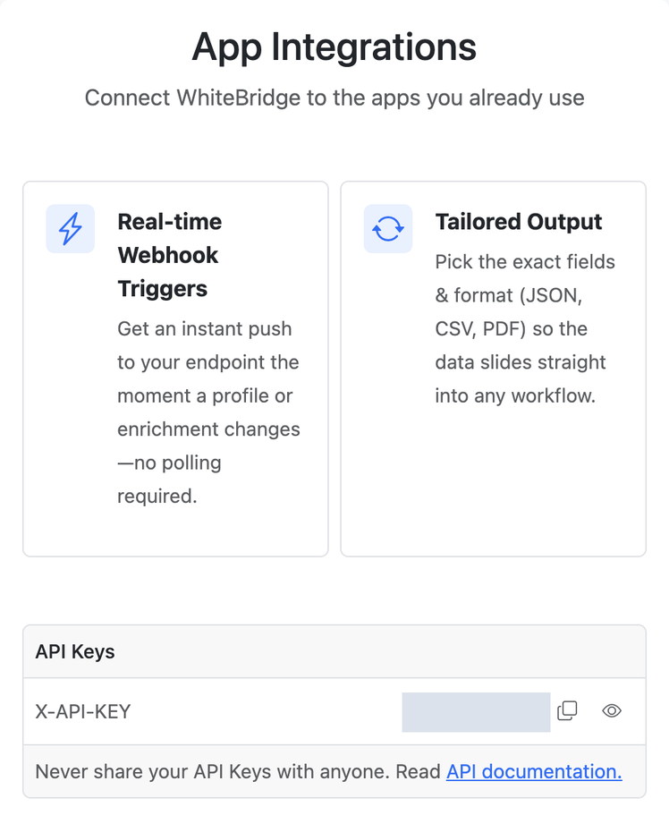 App Integrations screen with feature descriptions and the API Keys section; the key value is hidden.