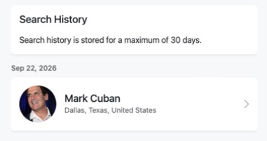 Search History listing the Mark Cuban example report.