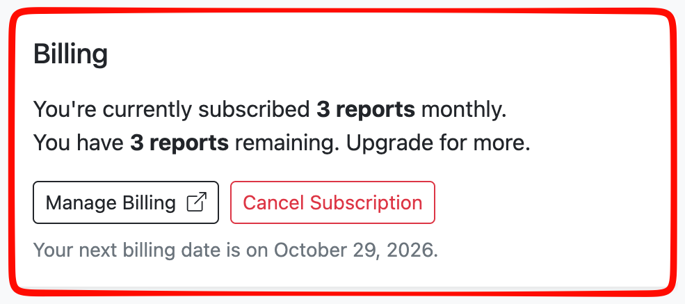 Top of the Billing page with the Manage Billing and Cancel Subscription buttons, outlined in red.