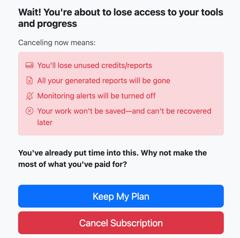 Cancellation page listing what cancelling means, with Keep My Plan and Cancel Subscription buttons.