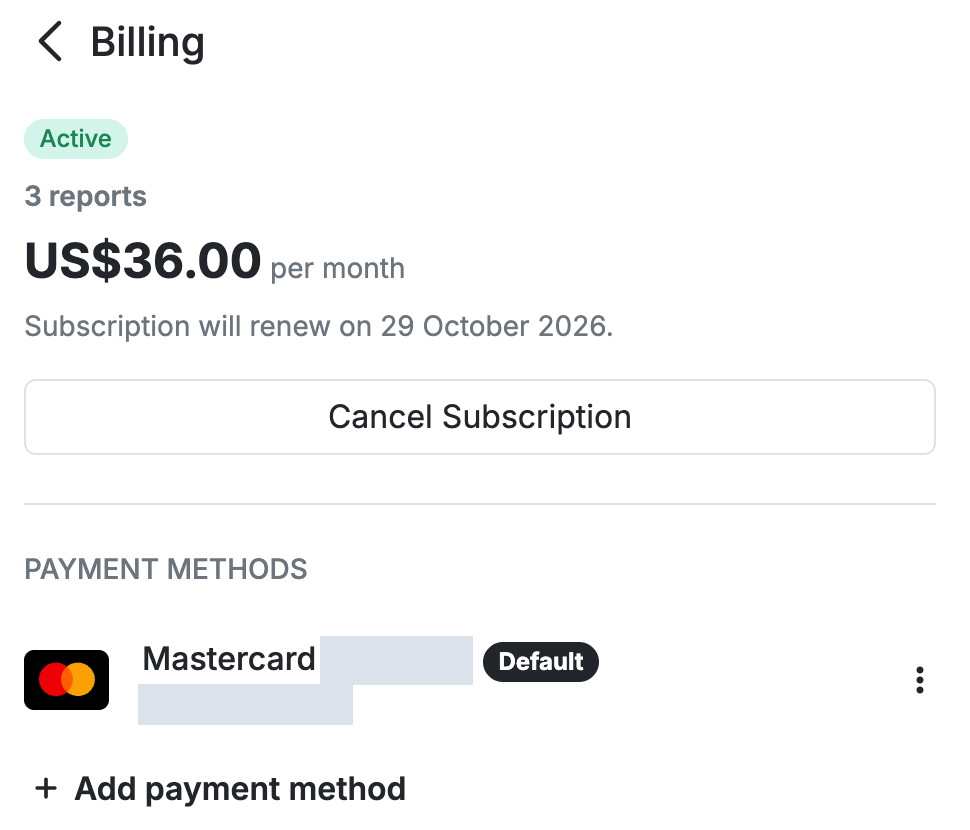 Manage Billing page showing the plan, a Cancel Subscription button, and Payment methods with an Add payment method option.