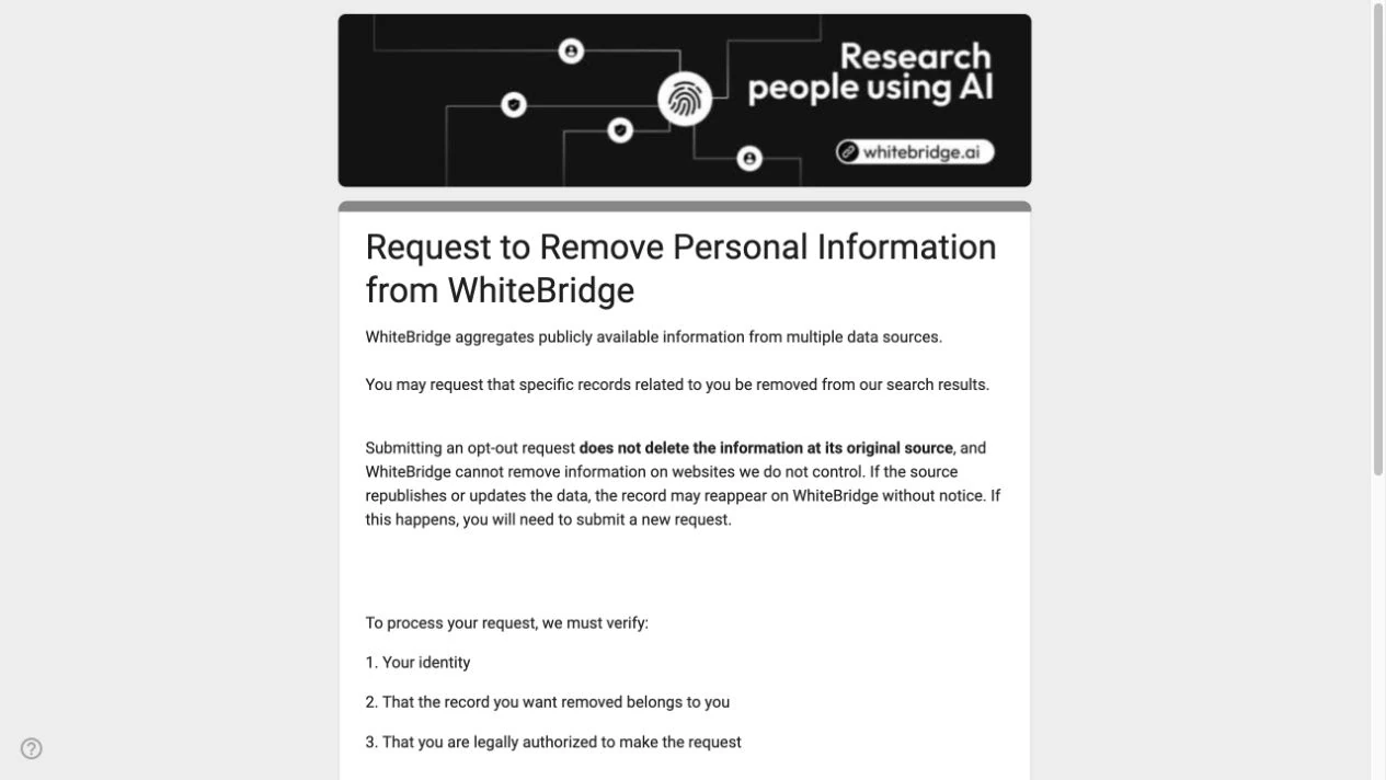 Official WhiteBridge removal form introduction and email-confirmation instructions.