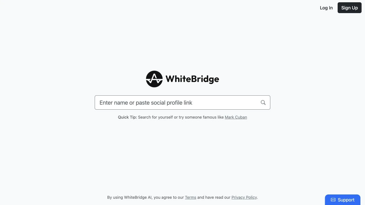 WhiteBridge public search page with an empty search field and sign-in options.